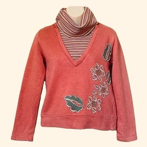 Cute Y2k turtle neck faux two piece floral sweater top pink orange Size US Small